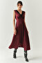Regular Satin Midi Cherry Dress with Lace Collar Detail - 2