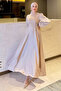 Satin Evening Dress with Side Drawstrings-Beige - 2