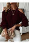 Women's Casual Hair Knitted Off Shoulder Crew Neck Winter Knitwear Sweater Burgundy - 3