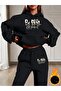 Be Real Not Perfect Printed Hooded Bottom Top Oversize Women's Black Gray Tracksuit Set