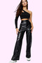 Women's Fashion Wide Leg High Waist Faux Leather Pants Ribbed Casual Chic Summer