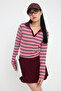 Teen Pembe Çizgili Polo Yaka Fitted/Vücuda Oturan Örme Bluz TWOAW26BZ00034