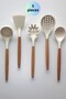Bamboo Handle White Non-Scratch Silicone Colander Ladle Spoon Pasta Salad Spoon Spatula 5-Piece Service Set