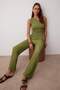 Green Textured Seersucker Asymmetrical Single Sleeve Stretch Knitted Bottom - Top Set Twoss25Au00129 - 2