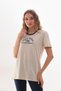 Women's Crew Neck Slogan Printed Contrast Piping T-shirt - 4