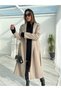 Women's Beige Belted Lined Long Cashmere Coat - 4