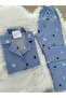 Blue Snow Patterned Suede Shirt Collar Long Sleeve Pajama Set - 3