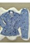 Blue Snow Patterned Suede Shirt Collar Long Sleeve Pajama Set - 8