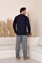 New Season Long Sleeve Lapel Collar Three Button Trousers with Pocket Plaid Navy Blue Color Men's Pajama Set - 3