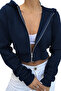 Navy Blue Women's Crop Zipper Hooded Sweatshirt - 2