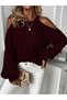 Women's Casual Hair Knitted Off Shoulder Crew Neck Winter Knitwear Sweater Burgundy - 4