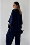 Modal Women's Navy Blue Kimono Set - Single Button Closure, Relaxed Fit Double Set, Casual & Office Chic - 2