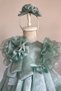 Special Design Girl's Dress with Floral and Pearl Details, Ruffled Sleeves, and Crown Accessory - 2