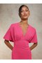 Women's V-Neck Angel Sleeve Chest Tightened Detail Flexible Knitted Fabric Long Dress - 5