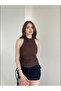 Women's Brown Halter Neckline Backless Halter Neck Seersucker Textured Summer Crop Blouse - 4