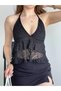 Women's Black Halter Neck Halter Neck Tie-Detail Open Back Ruffle Sheer Lace Cropped Blouse