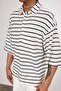 Button Collar Black Half Sleeve Oversize Striped Tshirt - 4