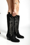 Westry Embroidered Long Model Women's Cowboy Black Suede Boots - 2