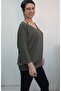 Khaki Green V-Neck Bat Three-Quarter Sleeve Combed Viscose T-Shirt - 7