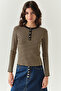 Crew Neck Striped Long Sleeve Slim Fit Knitwear Black Camel Blouse - 4