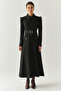 Front Zipper Belted Long Sleeve Slim Fit Midi Dress