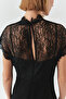 Lace Detailed Short Sleeve Regular Satin Midi Black Dress - 5