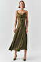 Regular Satin Midi Khaki Dress with Lace Detail and Straps - 5