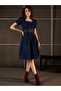 Denim Puff Sleeve Knee Length Dress with Belt - 2