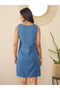 Blue Sleeveless Denim Mini Dress with Patchwork - 3