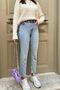 High Waist Lycra Blue Snow Wash Boyfriend Jeans Flexible Mom Denim Pants - 2