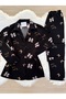 Black Bow Patterned Suede Shirt Collar Long Sleeve Pajama Set - 7