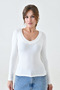 Women's Lycra Fabric Long Sleeve V Neck White Blouse 12972 - 8