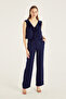 Navy Blue Wide Leg Trousers with Pile Detail