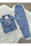Blue Snow Patterned Suede Shirt Collar Long Sleeve Pajama Set - 2