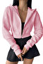 Pink Women's Crop Zipper Hooded Sweatshirt - 2