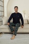 New Season Long Sleeve Lapel Collar Three Button Trousers with Pocket Navy Blue Color Plaid Men's Pajama Set - 2