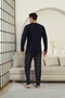 New Season Long Sleeve Lapel Collar Three Button Trousers with Pocket Navy Blue Color Plaid Men's Pajama Set - 3