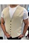 Men's Beige V-Neck Slim Fit Full Fabric Vest - 3