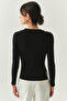Crew Neck Long Sleeve Button Detailed Slim Fit Knitwear Black Blouse - 3