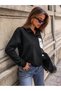Black Polo Neck Waffle Fabric College Printed Sweatshirt - 5