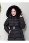Women’s belted hooded long puffer black coat - 6