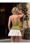 Women's Oil Green Halter Neckline Backless Halter Neck Seersucker Textured Summer Crop Blouse - 3