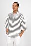 Button Collar Black Half Sleeve Oversize Striped Tshirt - 3