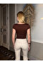 Women's Bitter Brown Draped Degaje Collar Short Sleeve Body Hugging Sandy Fabric Crop Blouse - 3