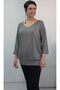 Çağla Green V-Neck Bat Three-Quarter Sleeve Combed Viscose T-Shirt - 5