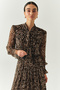 Leopard Pattern Scarf Collar Lined Regular Blouse