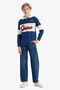 Oversize Wide Fit Polo Collar Embroidered Navy Blue Boys' Long Sleeve T-Shirt F2711A8/Be829 - 3