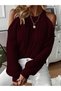 Women's Casual Hair Knitted Off Shoulder Crew Neck Winter Knitwear Sweater Burgundy - 5