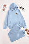 Unisex Hooded Baby Blue Tracksuit Set Mini Ribbon Printed - Winter Embossed Fabric