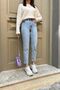 High Waist Lycra Blue Snow Wash Boyfriend Jeans Flexible Mom Denim Pants - 3